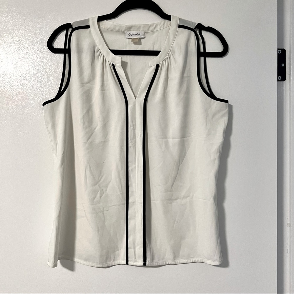White and Black Calvin Klein Work Blouse Top
